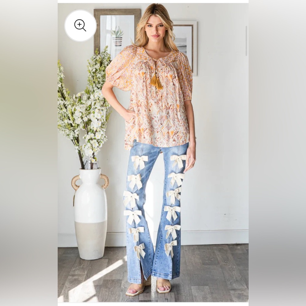 Oli & Hali Blue Denim Wide Leg Jeans with White Bow Accents - Picture 8 of 9